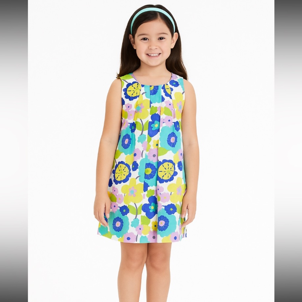 Mini Boden girls floral mod shift dress pleated cotton 7-8